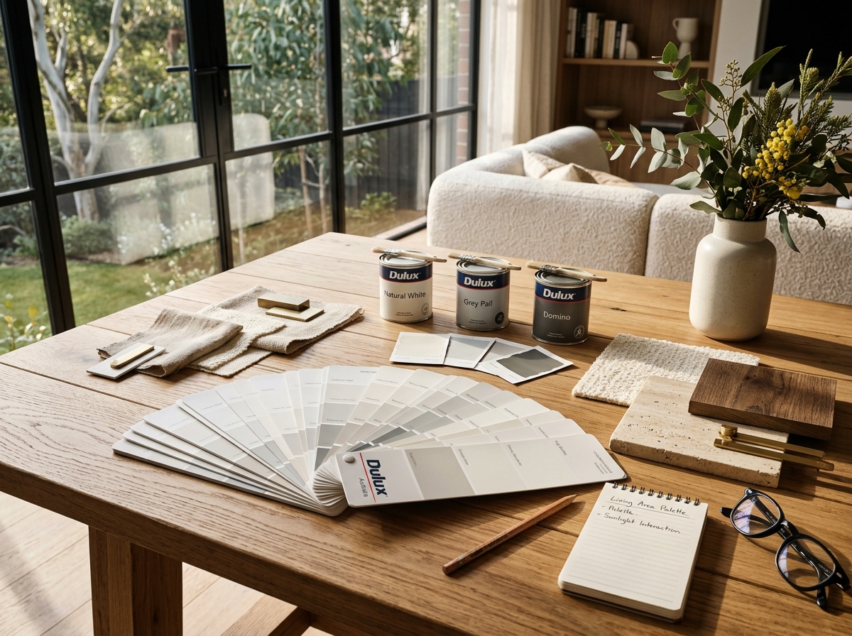 Seek Property Services Pty Ltd colour consultation with Dulux colour swatches and palette planning
