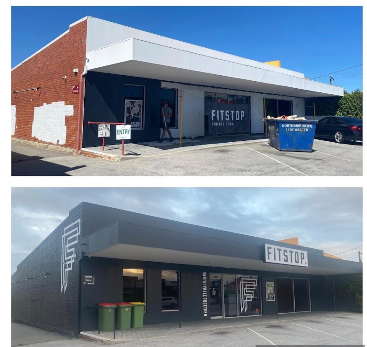 Before and after commercial exterior makeover for Fitstop gym in Perth