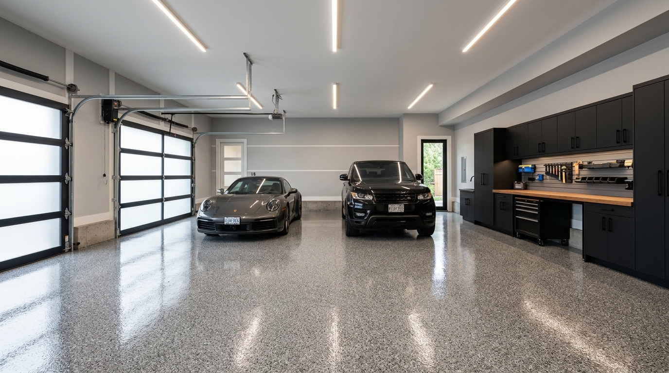 Residential garage decorative epoxy flake floor with polyaspartic finish