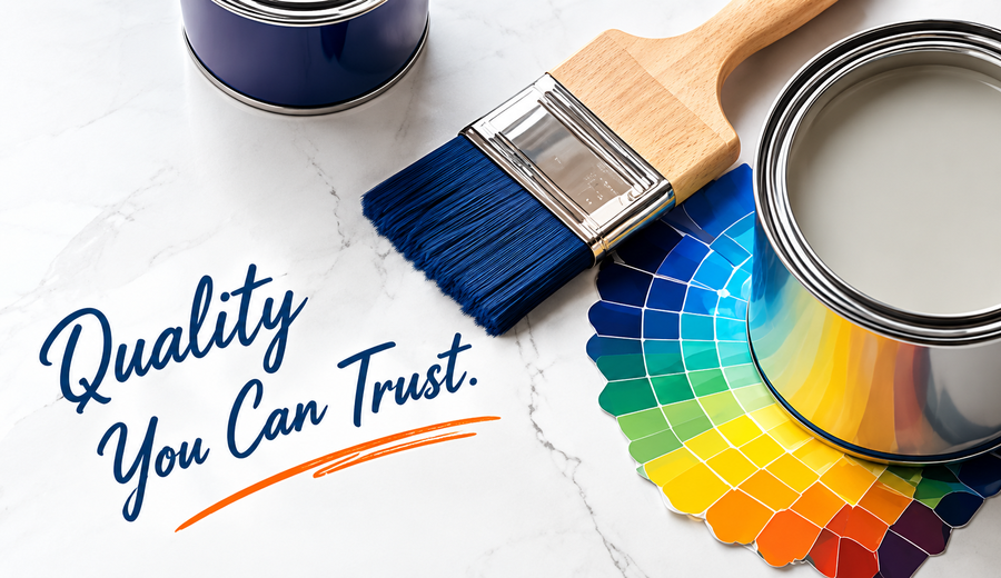 Paint brush, tins and colour swatch fan - quality you can trust